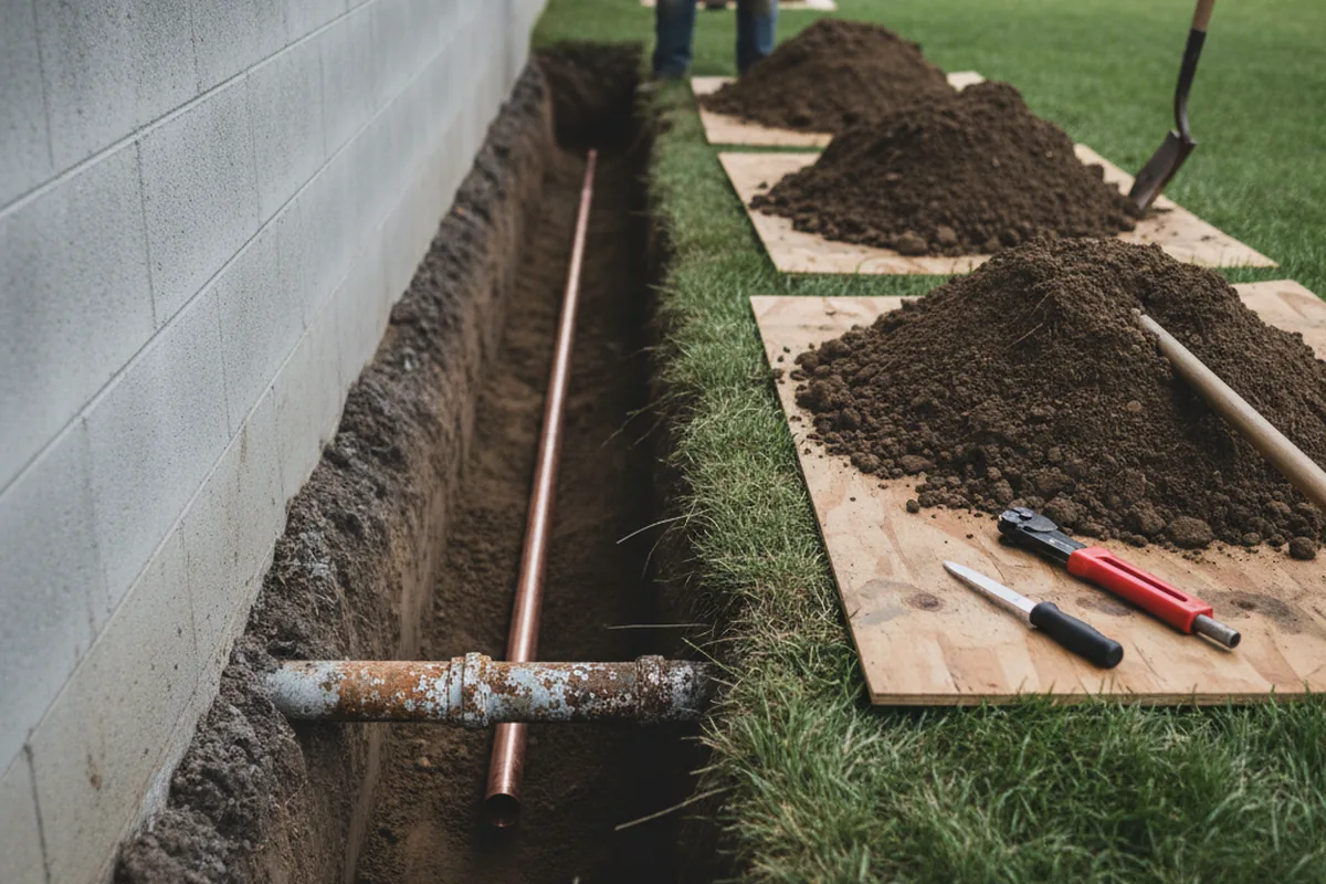 Excavated water line trench during Sewer Line Repair in Colliersville